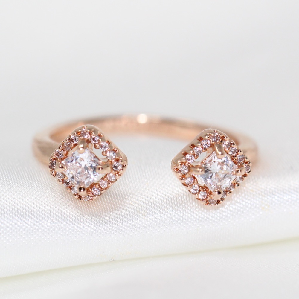 PANDORA 14K Rose Gold Square Sparkle Open Ring - size 5.5 - Picture 7 of 7